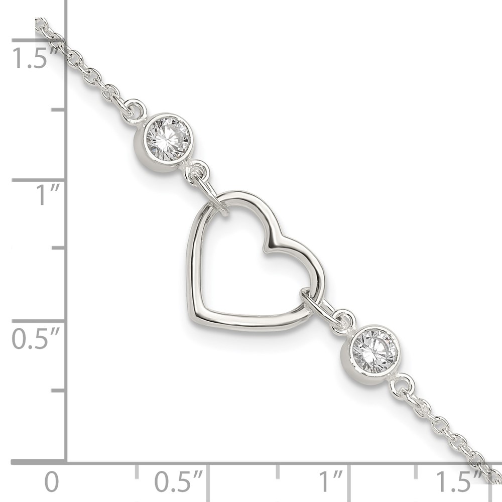 Sterling Silver Rhodium-plated Polished CZ Heart with 1in ext Bracelet (QG6466-7)