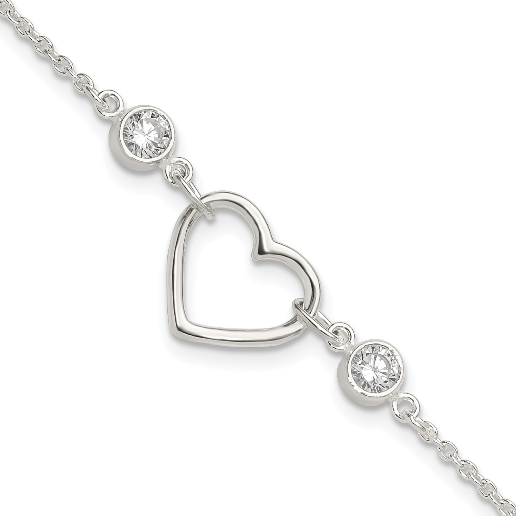 Sterling Silver Rhodium-plated Polished CZ Heart with 1in ext Bracelet (QG6466-7)