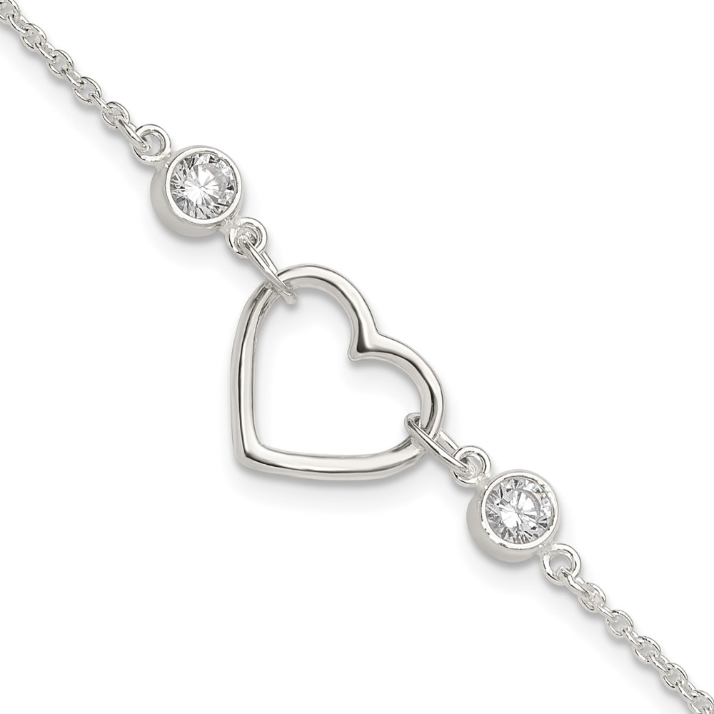Sterling Silver Rhodium-plated Polished CZ Heart with 1in ext Bracelet (QG6466-7)