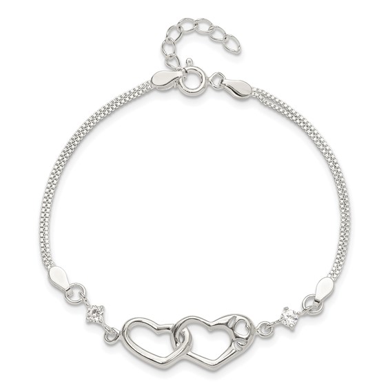 Sterling Silver Rhodium-plated Polished CZ I Heart You w/1in ext Bracelet