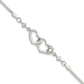 Sterling Silver Rhodium-plated Polished CZ I Heart You w/1in ext Bracelet