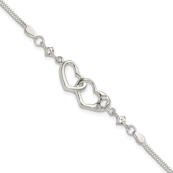Sterling Silver Rhodium-plated Polished CZ I Heart You w/1in ext Bracelet