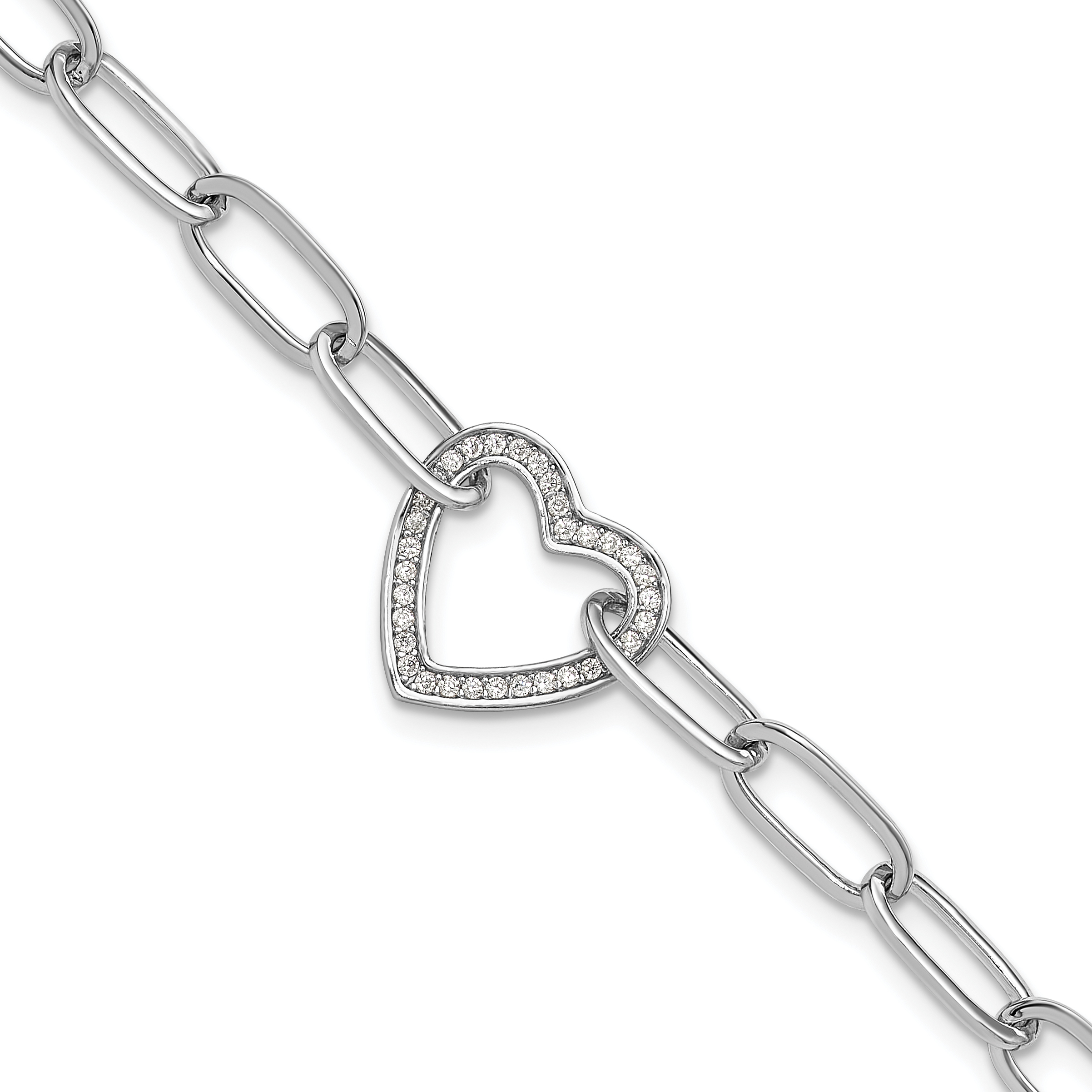 Sterling Silver Rhodium-plated Paperclip CZ Heart with 1in ext. Bracelet (QG6468-7)