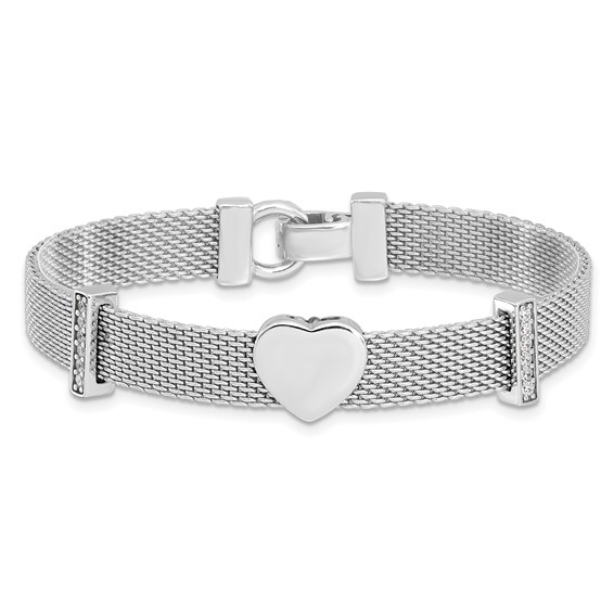 Sterling Silver Rhodium-plated Mesh CZ Heart 6.75in Bracelet