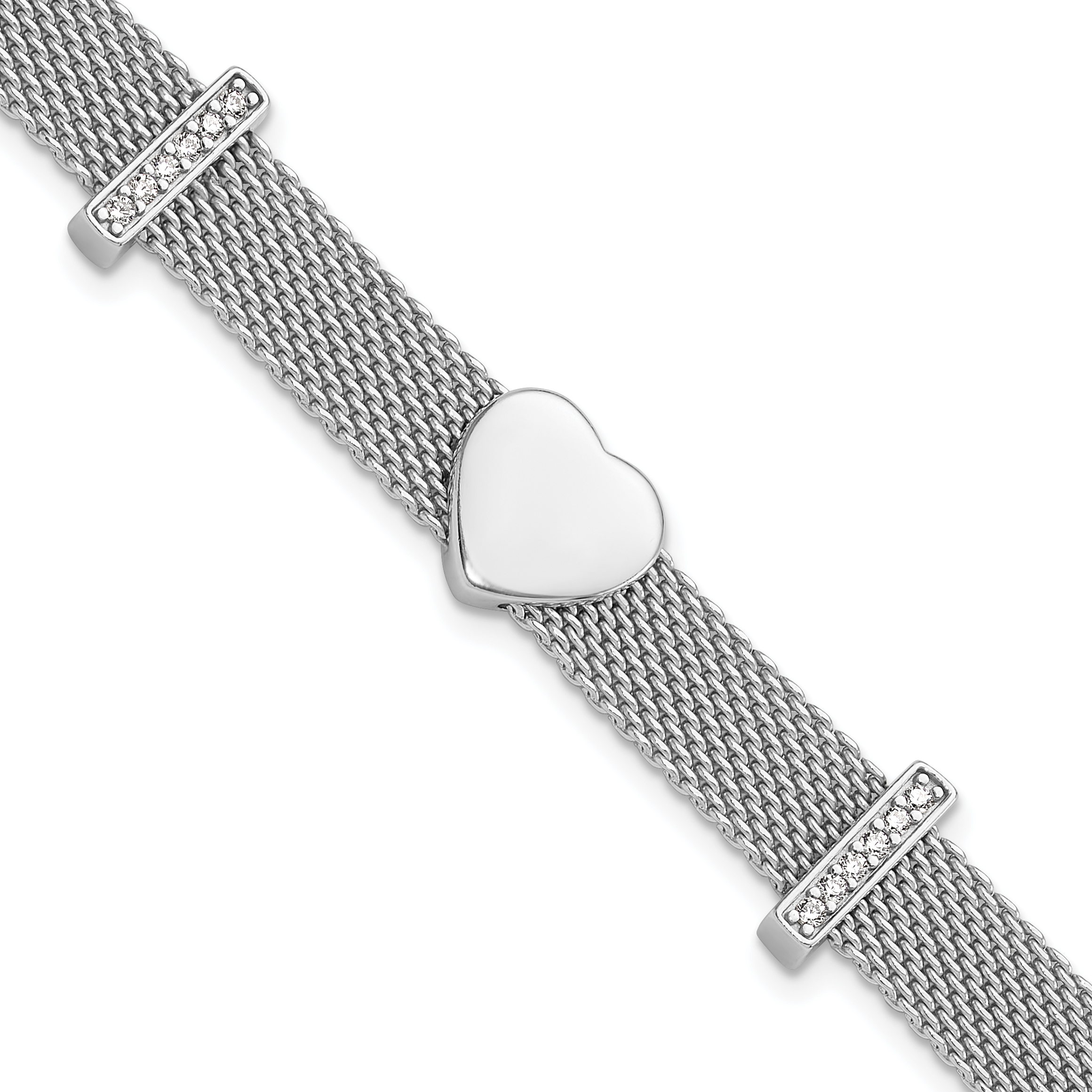 Sterling Silver Rhodium-plated Mesh CZ Heart 6.75in Bracelet (QG6469-6.75)