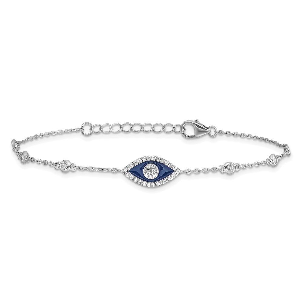 Sterling Silver RH-plated CZ Enamel Evil Eye 7in w/1in ext. Bracelet (QG6470-7)