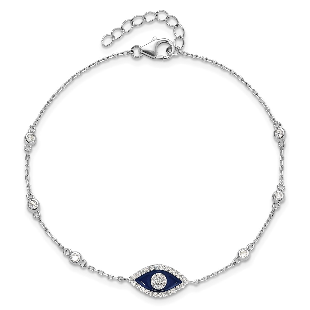 Sterling Silver RH-plated CZ Enamel Evil Eye 7in w/1in ext. Bracelet (QG6470-7)