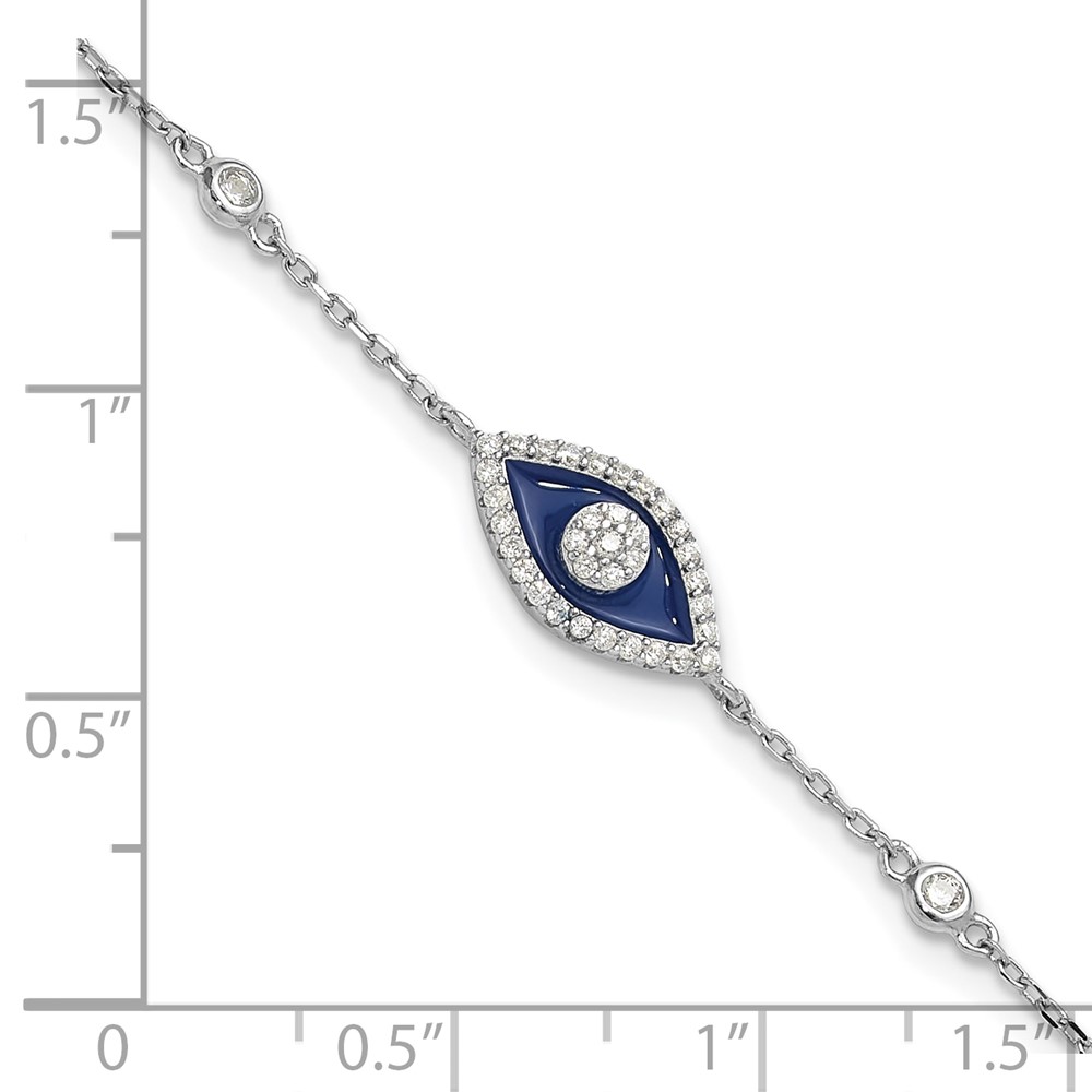Sterling Silver RH-plated CZ Enamel Evil Eye 7in w/1in ext. Bracelet (QG6470-7)