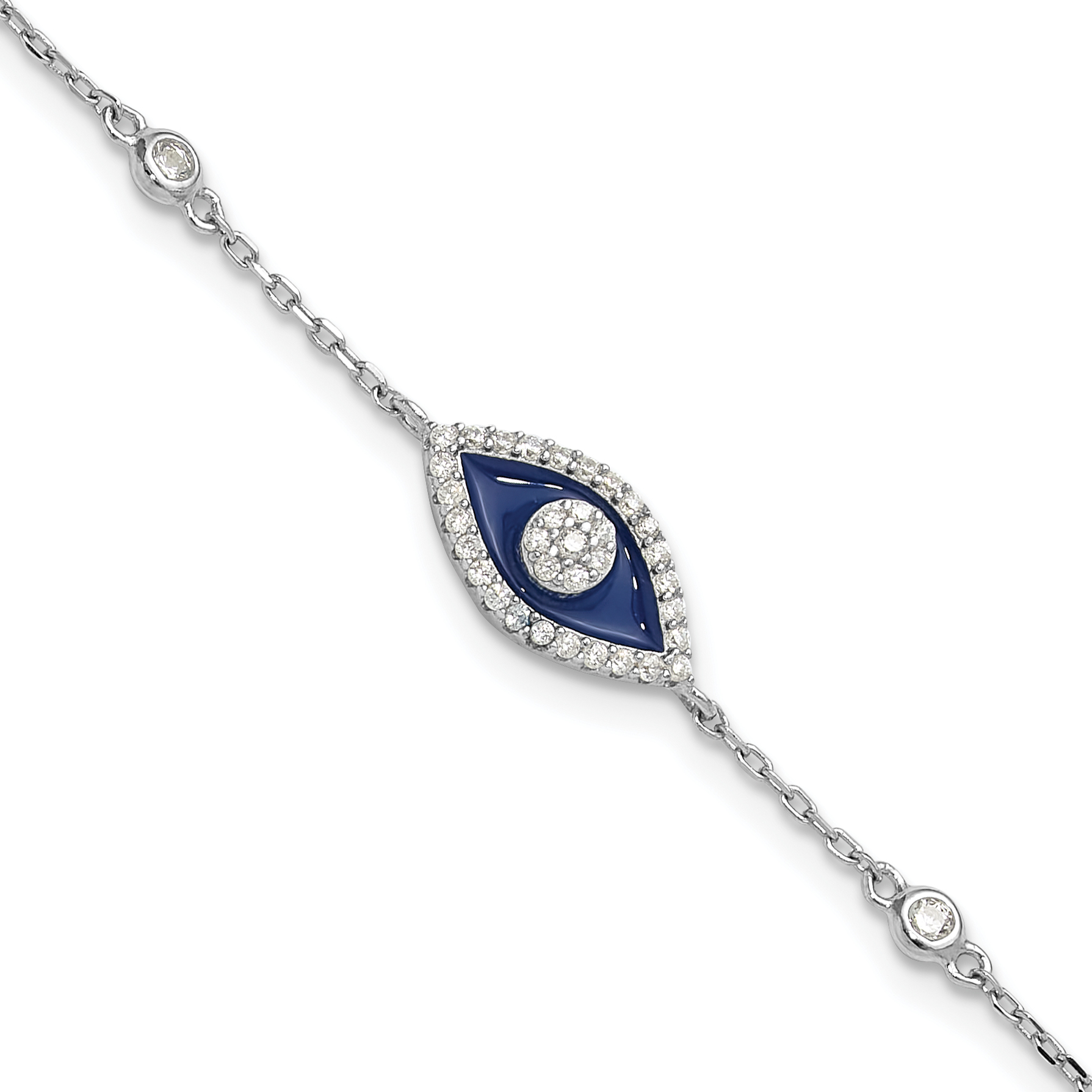 Sterling Silver RH-plated CZ Enamel Evil Eye 7in w/1in ext. Bracelet (QG6470-7)