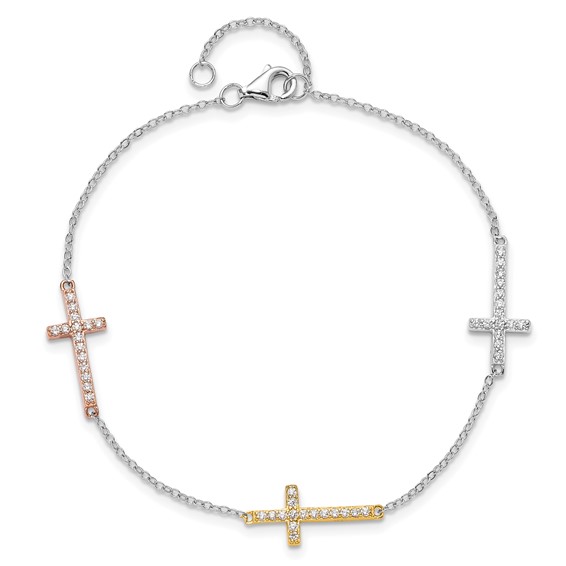 Sterling Silver Rhod-plated Gold/Rose-tone CZ Cross w/1in ext. Bracelet