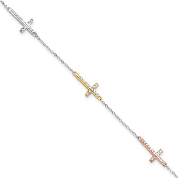 Sterling Silver Rhod-plated Gold/Rose-tone CZ Cross w/1in ext. Bracelet