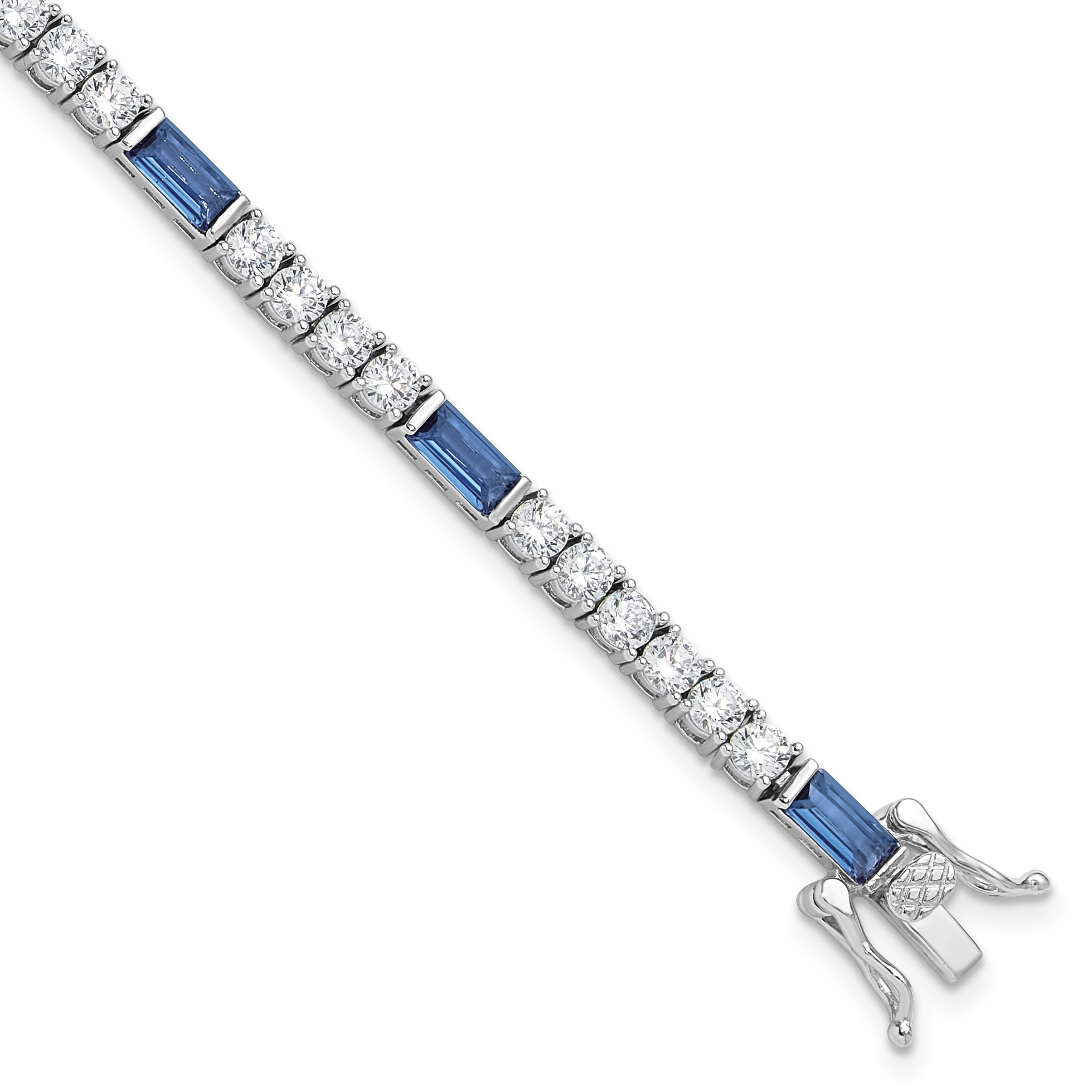 Sterling Silver Rhodium-plated Blue and White CZ 7.25in Tennis Bracelet (QG6473-7.25)