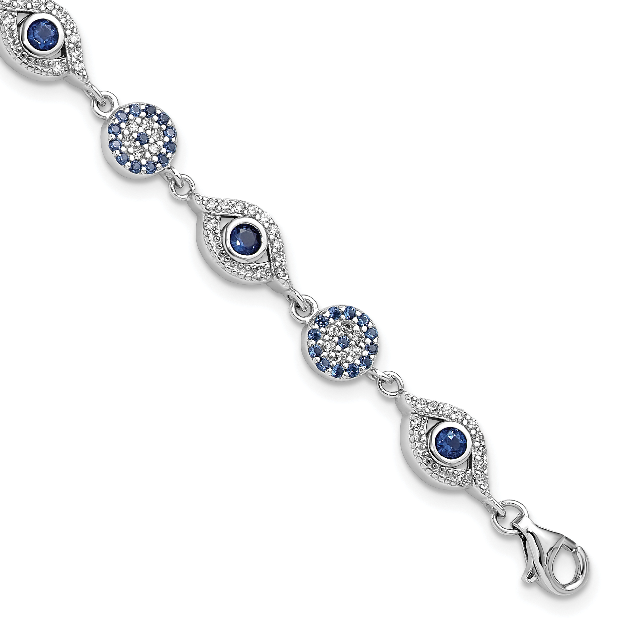 Sterling Silver RH-plated Blue White CZ Evil Eye 7.25in w/1.5in ext. Bracel (QG6476-7.25)