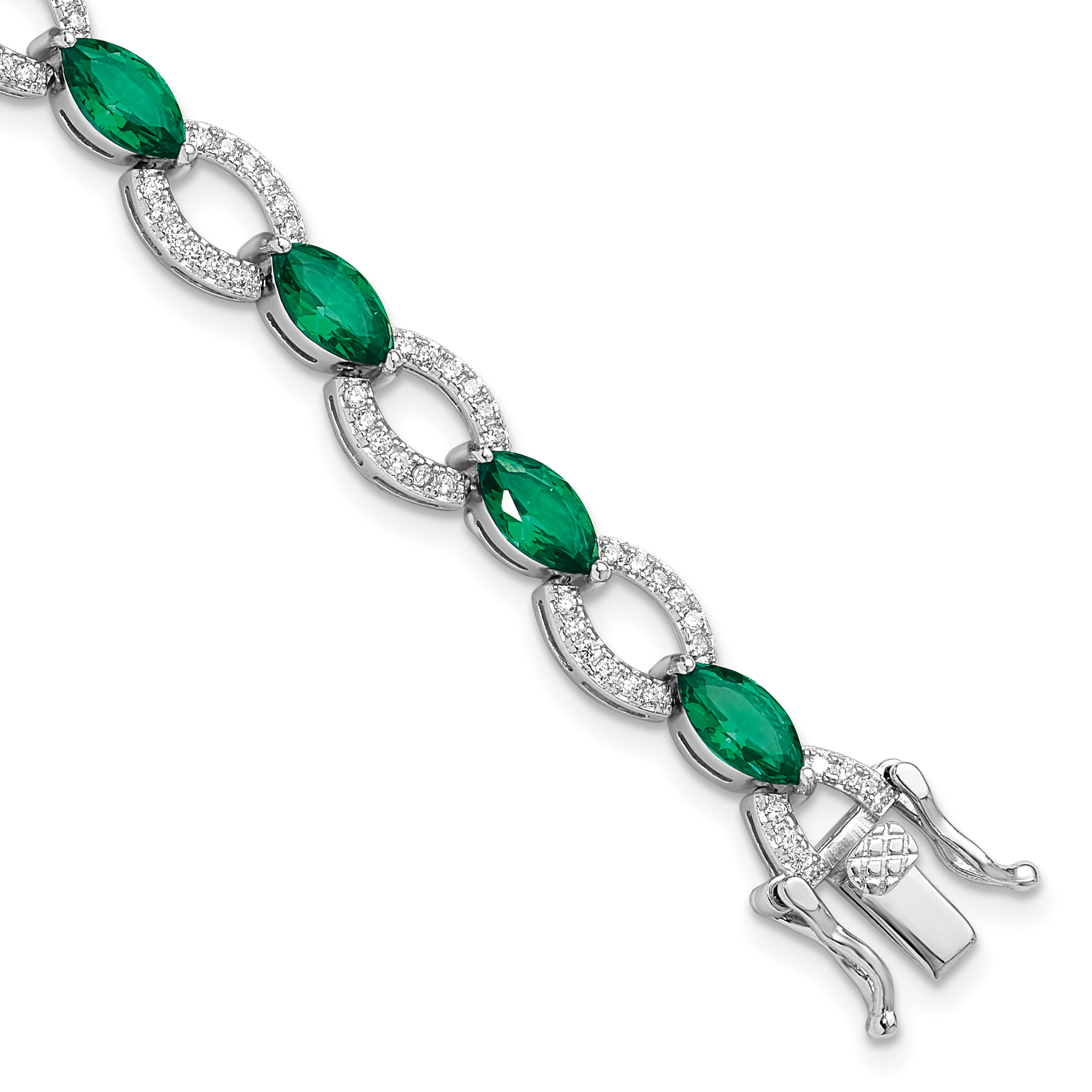 Sterling Silver Rhodium-plated White and Green CZ Link Bracelet (QG6479-7)