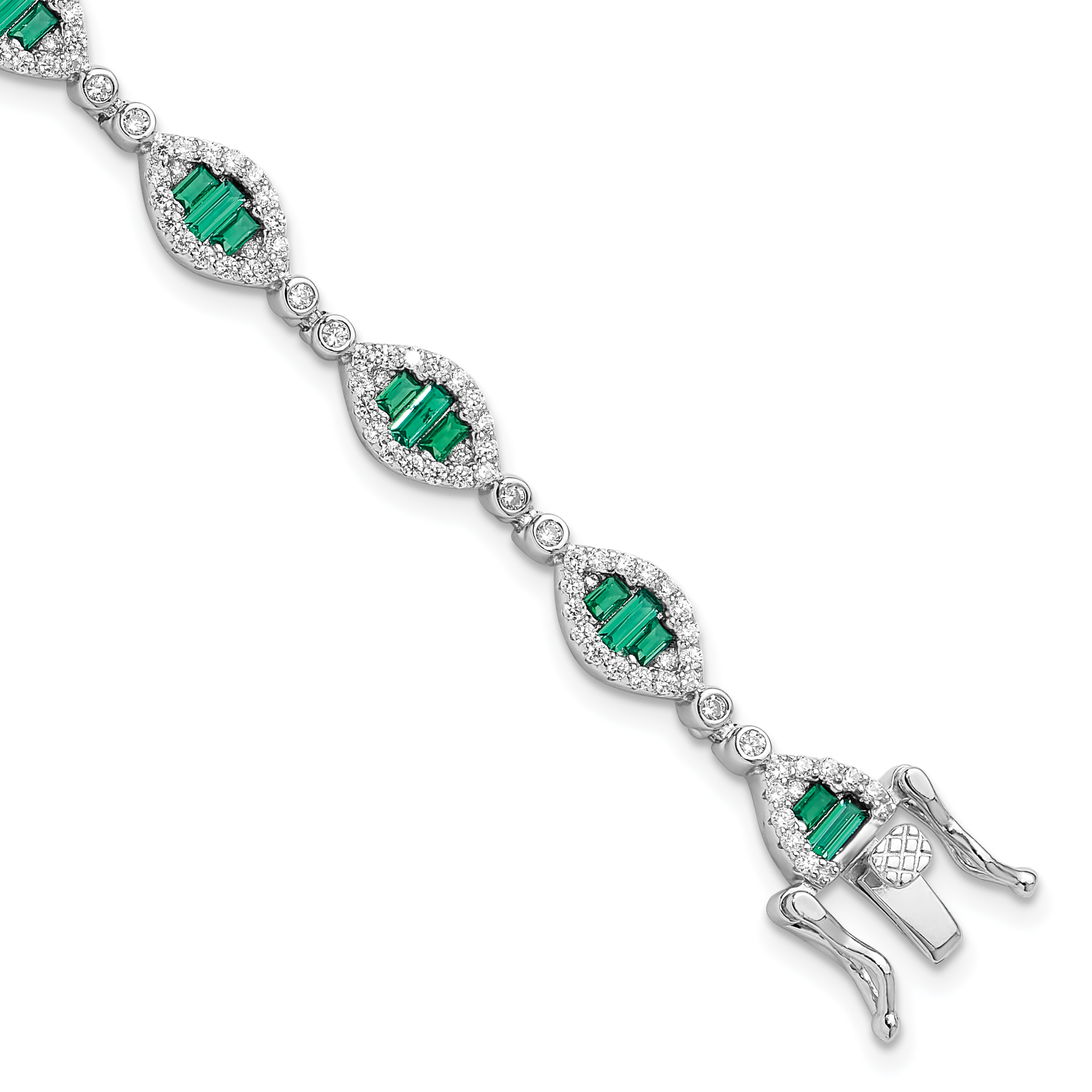 Sterling Silver Rhodium-plated White and Green CZ Link Bracelet (QG6480-7)