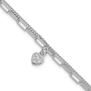 Sterling Silver Rhodium-plated CZ Heart 6.75in w/1in ext. Bracelet