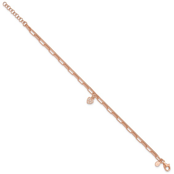 Sterling Silver Rose Gold-plated CZ Heart 6.75in w/1in ext. Bracelet