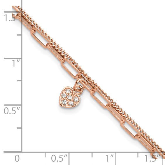 Sterling Silver Rose Gold-plated CZ Heart 6.75in w/1in ext. Bracelet