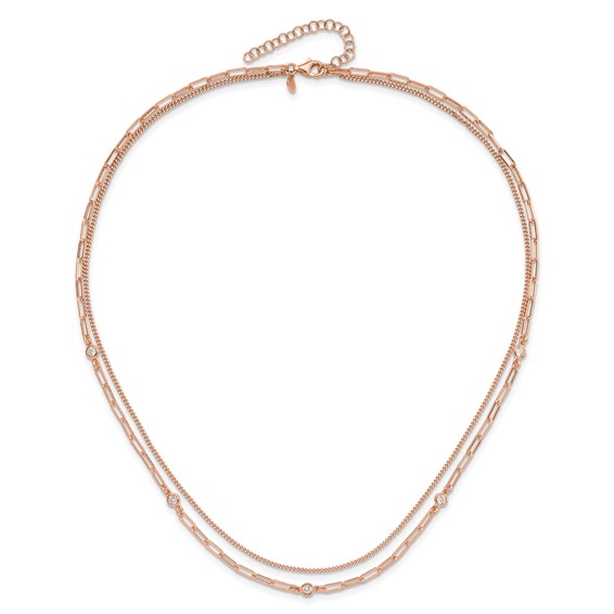 Sterling Silver Rose Gold-plated CZ 2 Strand 17in w/2in ext. Necklace