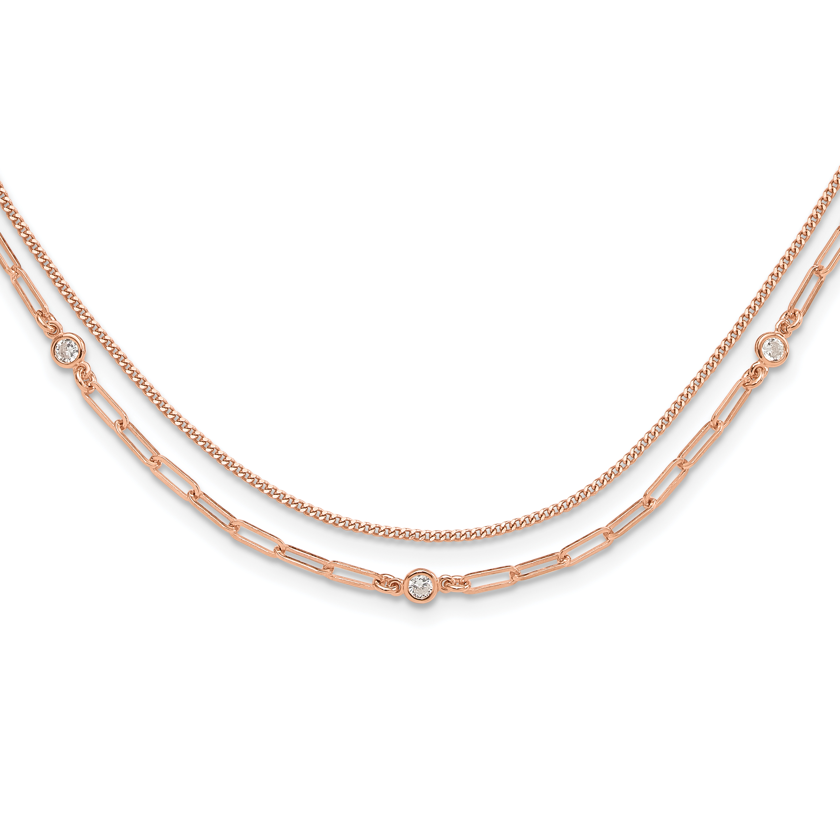 Sterling Silver Rose Gold-plated CZ 2 Strand 17in w/2in ext. Necklace (QG6495RP-17)