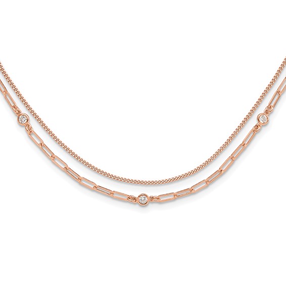 Sterling Silver Rose Gold-plated CZ 2 Strand 17in w/2in ext. Necklace