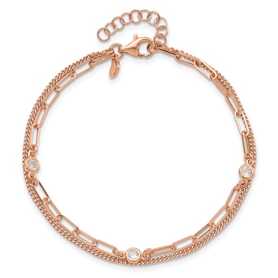 Sterling Silver Rose Gold-plated CZ 2 Strand 6.75in w/1in ext. Bracelet