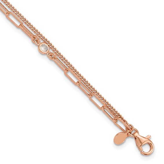 Sterling Silver Rose Gold-plated CZ 2 Strand 6.75in w/1in ext. Bracelet