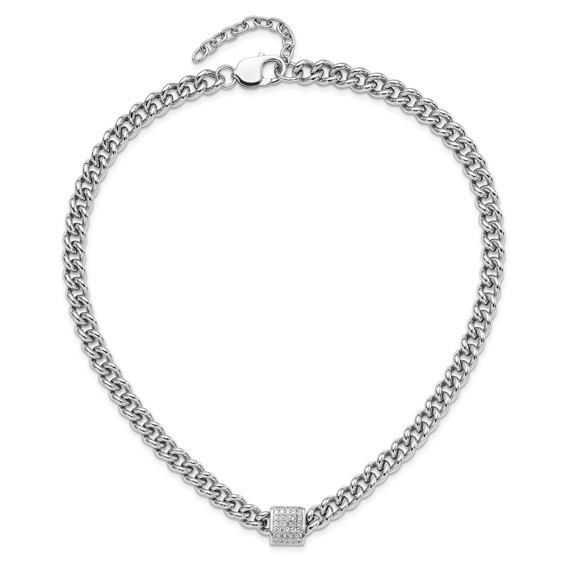 Sterling Silver Rhodium-plated CZ Curb Link 17.5in with 2in Ext Necklace