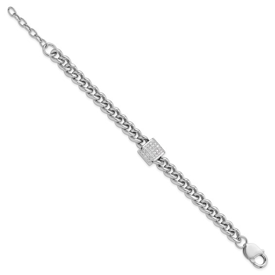 Sterling Silver Rhodium-plated CZ Curb Link 7in with 1in Ext. Bracelet
