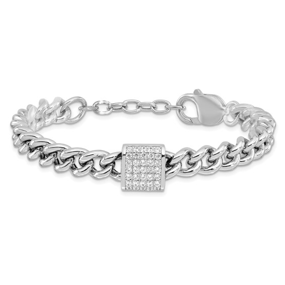 Sterling Silver Rhodium-plated CZ Curb Link 7in with 1in Ext. Bracelet