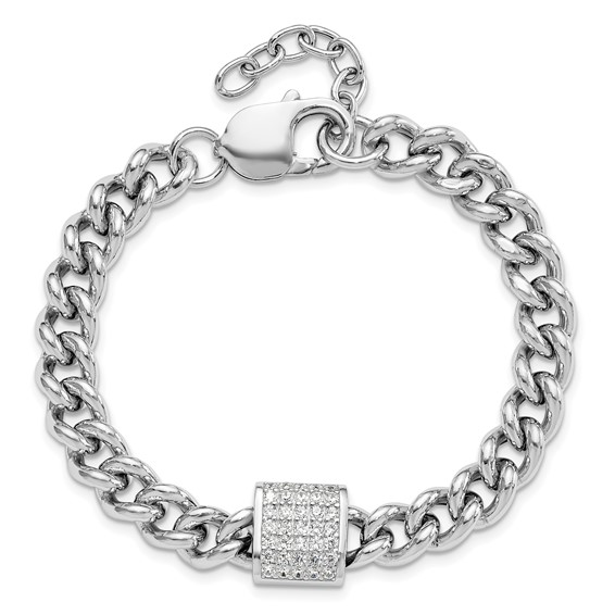 Sterling Silver Rhodium-plated CZ Curb Link 7in with 1in Ext. Bracelet