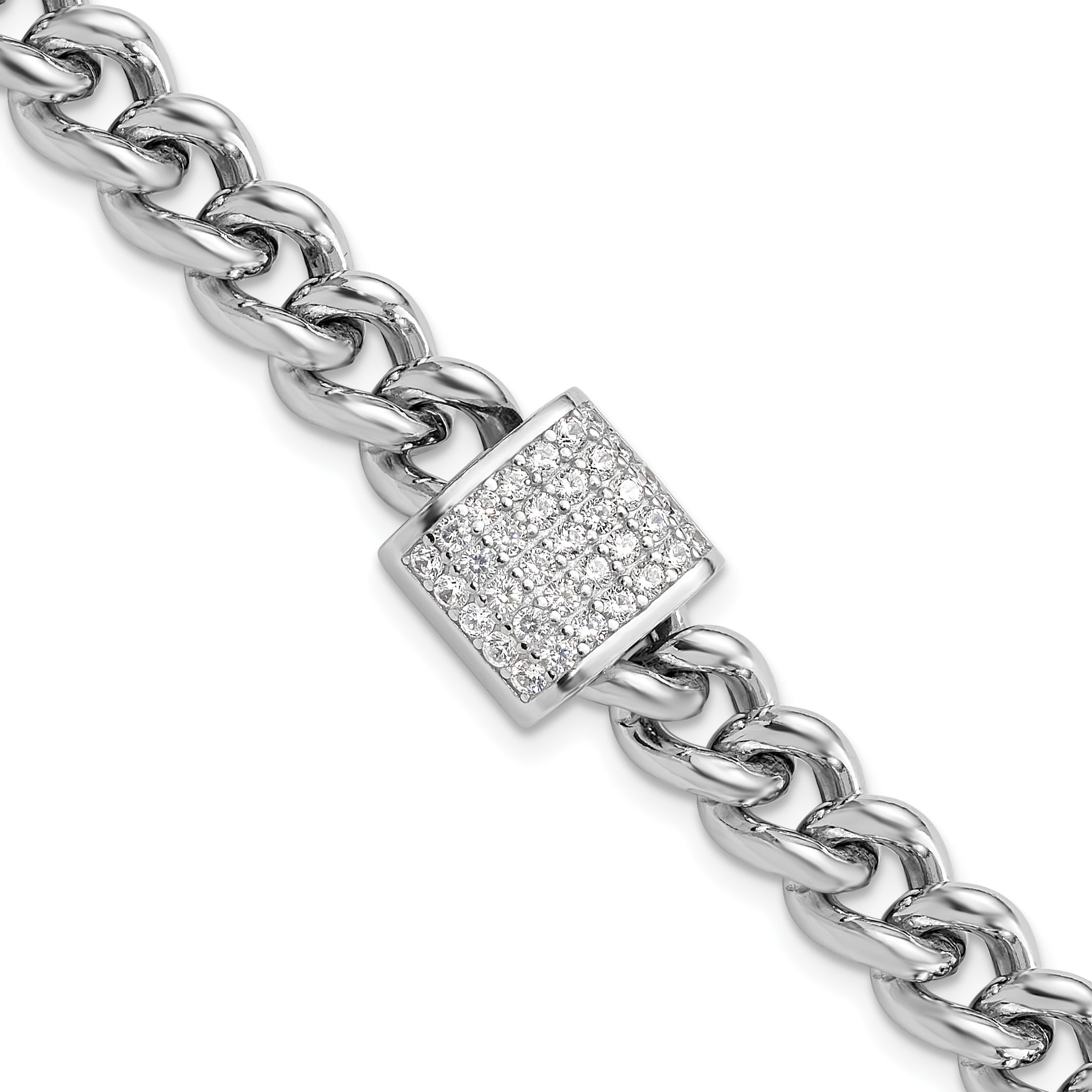 Sterling Silver Rhodium-plated CZ Curb Link 7in with 1in Ext. Bracelet (QG6510-7)