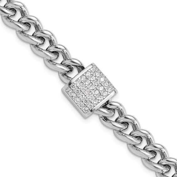 Sterling Silver Rhodium-plated CZ Curb Link 7in with 1in Ext. Bracelet