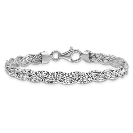 Sterling Silver Polished Rhodium-plated Diamond-cut Braided Bracelet