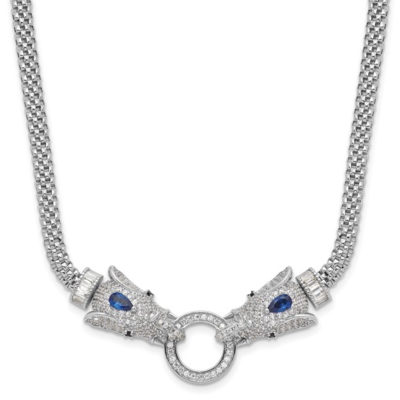 Sterling Silver Rhodium-plated Blue and Clear CZ Elephant Head Necklace