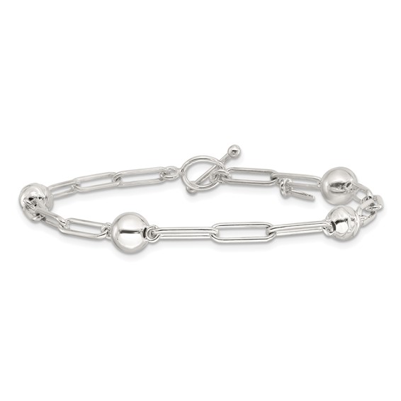 Sterling Silver Polished and Textured Beaded Link Toggle Bracelet