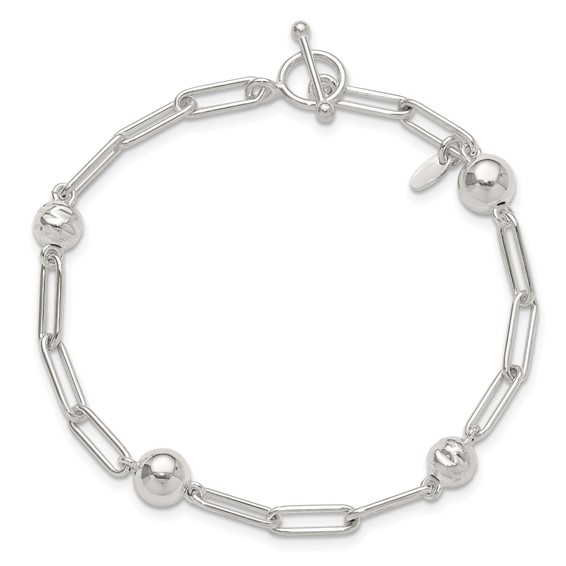 Sterling Silver Polished and Textured Beaded Link Toggle Bracelet