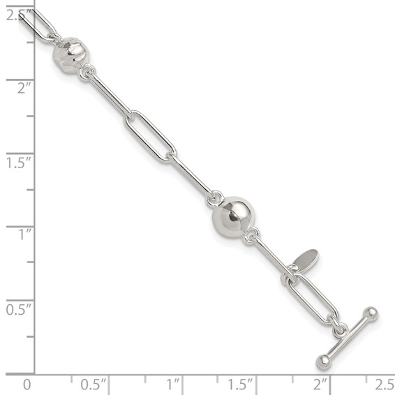 Sterling Silver Polished and Textured Beaded Link Toggle Bracelet