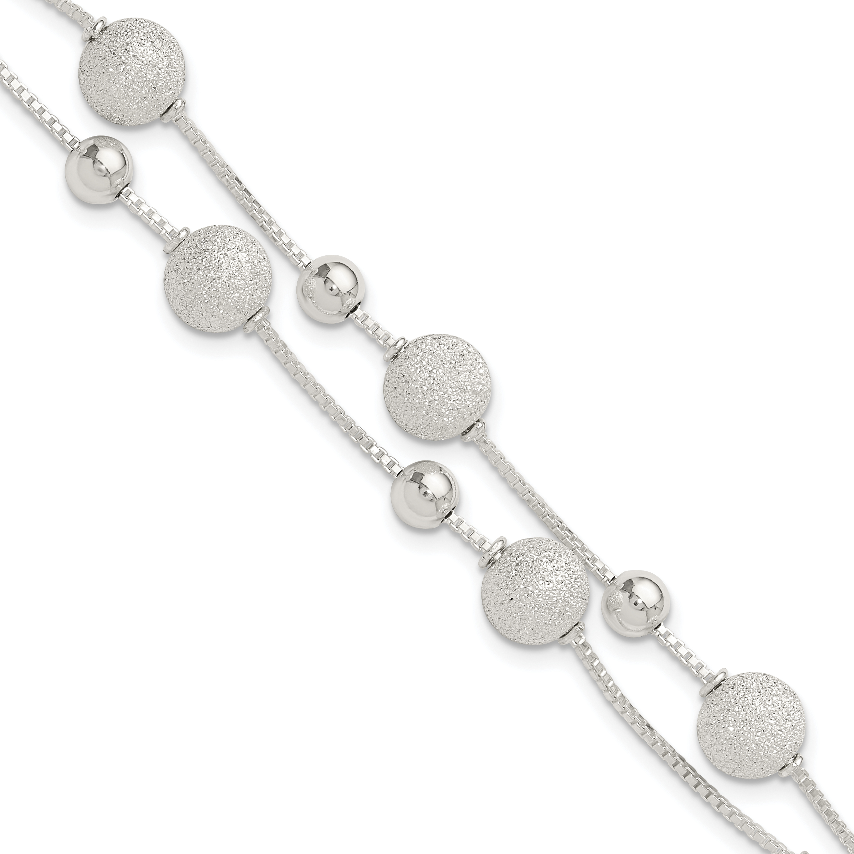 Sterling Silver Polish & Laser Beaded 2 Strand 7in w/1in ext Bracelet (QG6538-7)