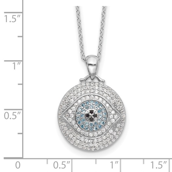 Sterling Silver Rh-plated Created Blue Spinel and CZ Evil Eye 18in Necklace