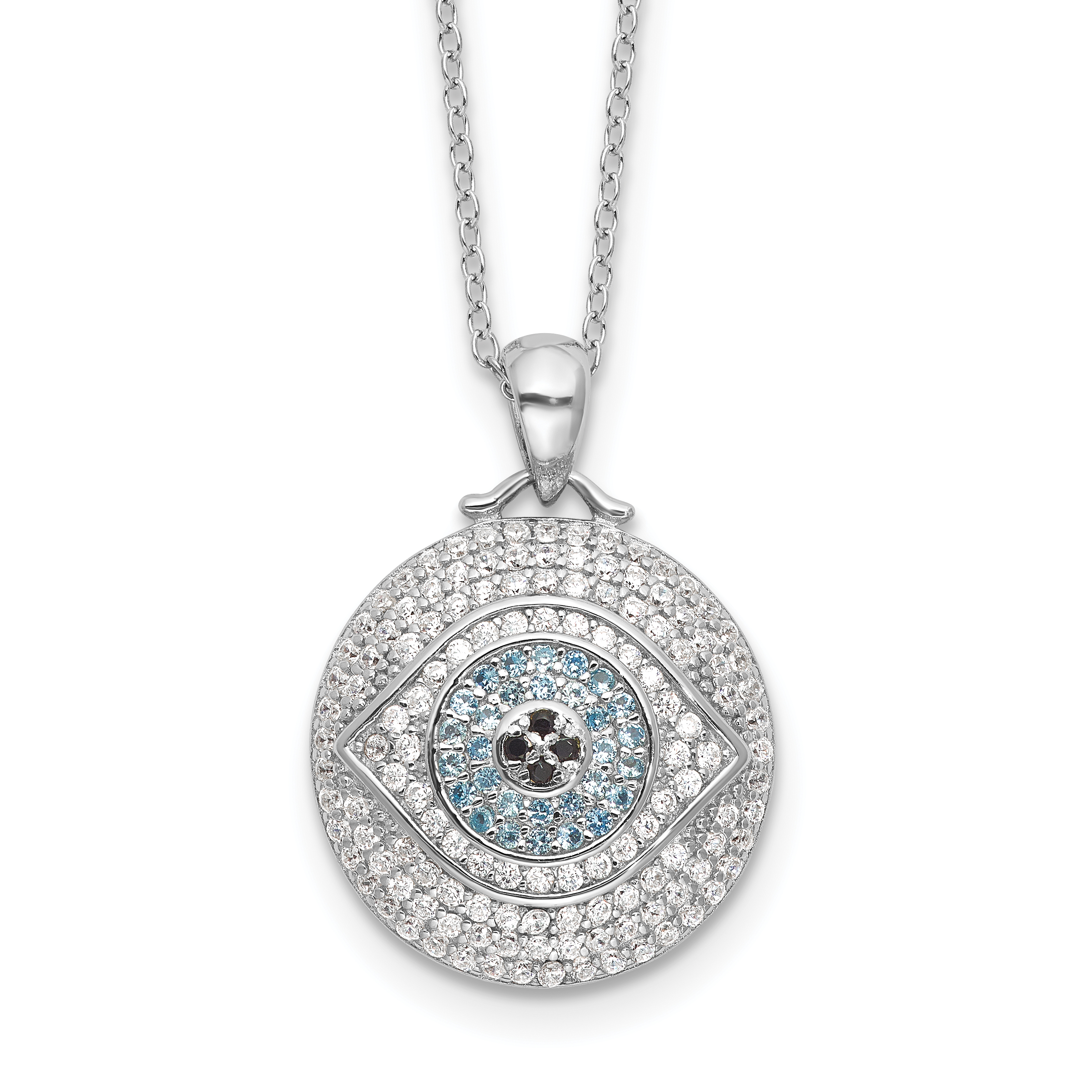 Sterling Silver Rh-plated Created Blue Spinel and CZ Evil Eye 18in Necklace (QG6543-18)