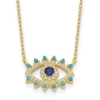 Sterling Silver Gold-tone Glass and Glass Crystal Evil Eye Necklace