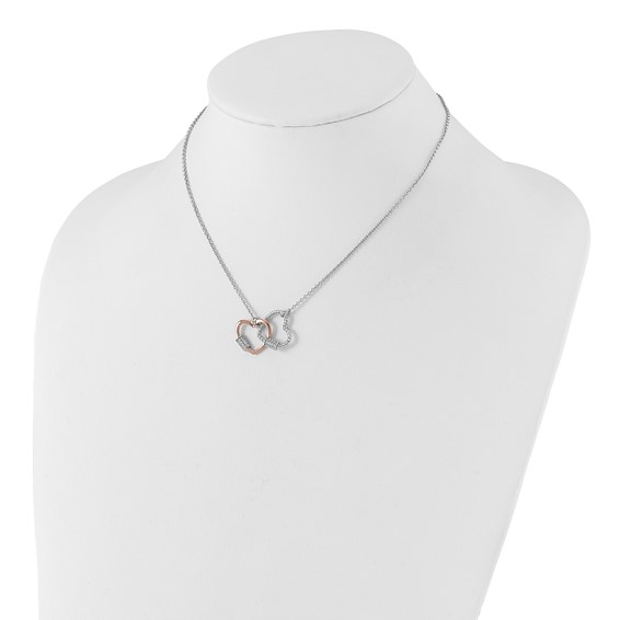 Sterling Silver Rh-plated Rose-tone Double Heart CZ w/2in ext Necklace
