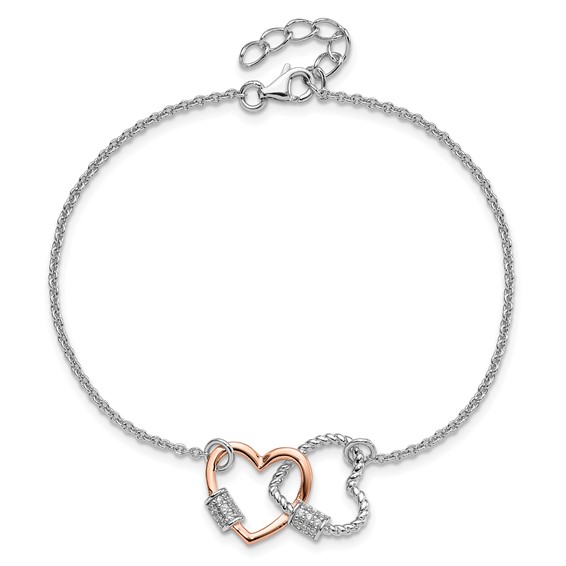 Sterling Silver Rh-plated Rose-tone Double Heart 7in w/1in ext Bracelet