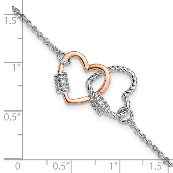 Sterling Silver Rh-plated Rose-tone Double Heart 7in w/1in ext Bracelet