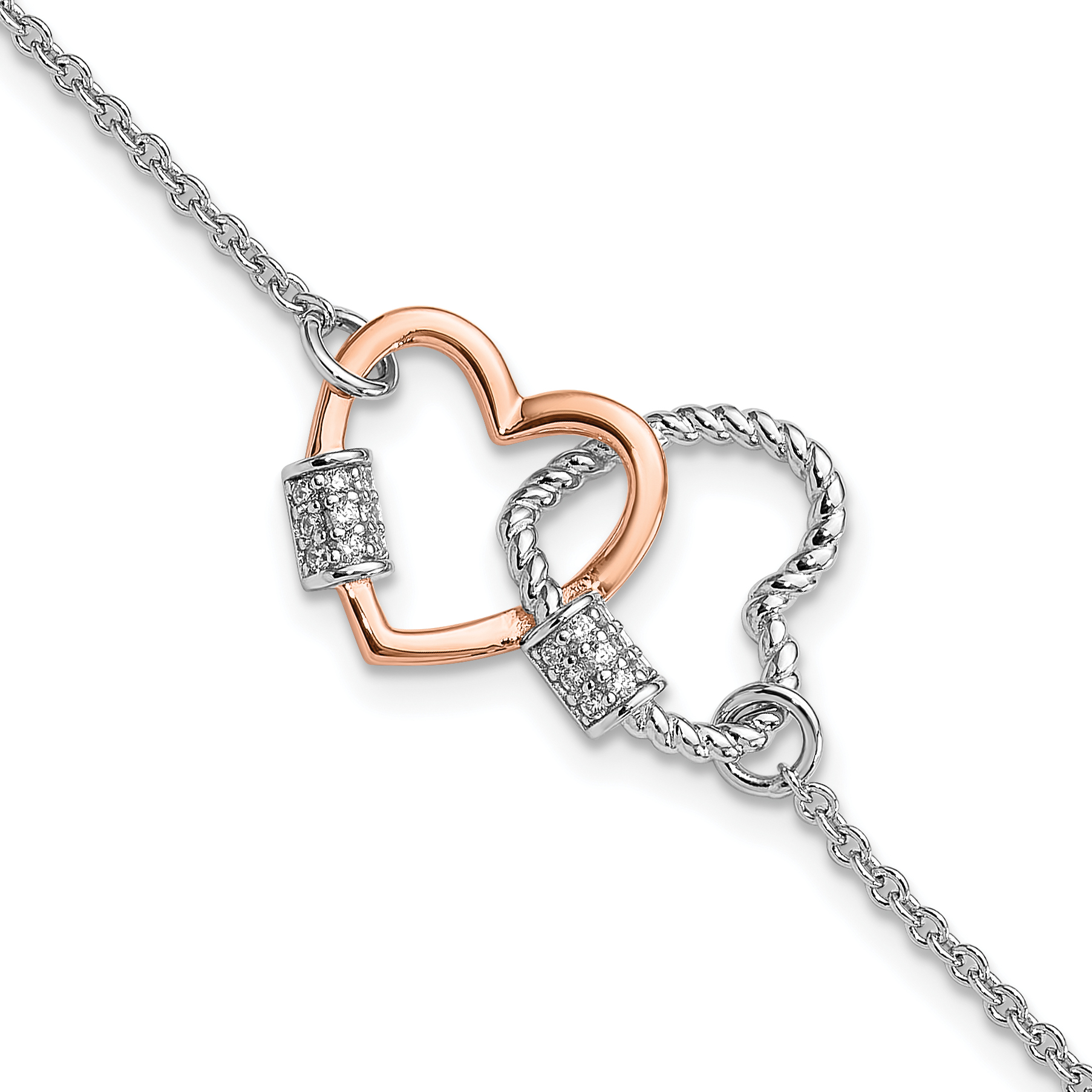 Sterling Silver Rh-plated Rose-tone Double Heart 7in w/1in ext Bracelet (QG6547-7)