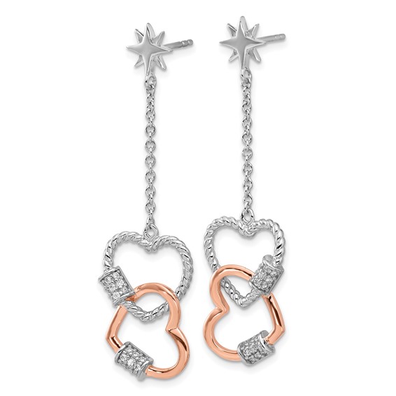 Pure Fire Sterling Silver Rhod-plated Rose-tone CZ Hearts Dangle Post Earri