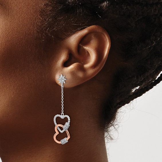 Pure Fire Sterling Silver Rhod-plated Rose-tone CZ Hearts Dangle Post Earri