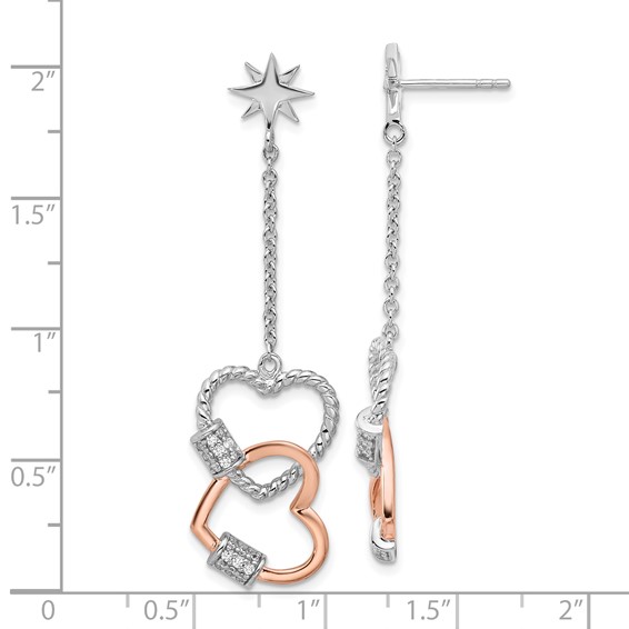 Pure Fire Sterling Silver Rhod-plated Rose-tone CZ Hearts Dangle Post Earri