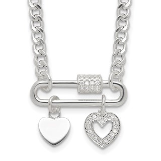 Sterling Silver RH-plated CZ Heart Moveable 16.25in w/2in ext Necklace